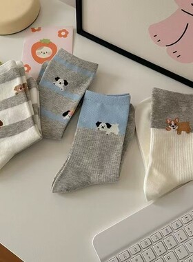 条纹小狗袜子女中筒袜子秋季薄款ins潮韩版可爱日系卡通条纹撞色