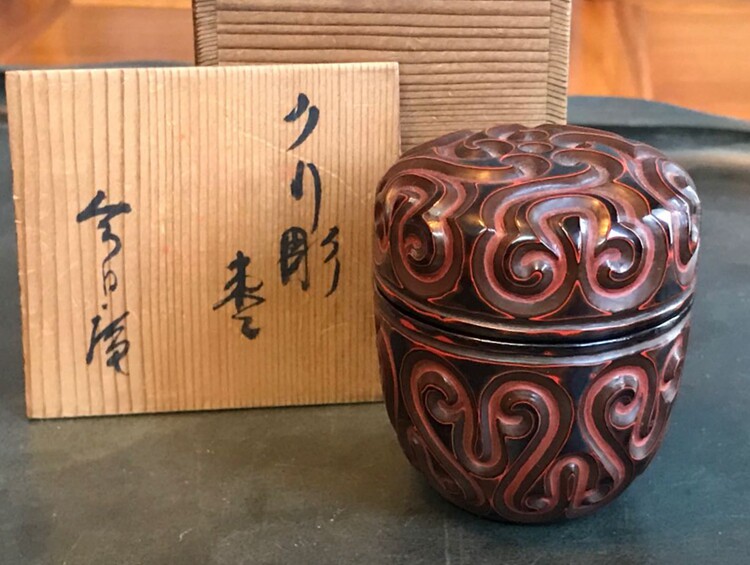 日本古茶道具 漆器 大漆 剔犀茶枣 中枣 茶入 茶叶罐