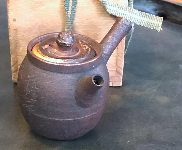 日本古茶器 青木木米制 南蛮烧 和歌 侧把壶 茶壶