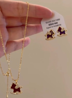马上有钱！复古红色闪钻小马项链耳环本命年马年气质锁骨链耳钉