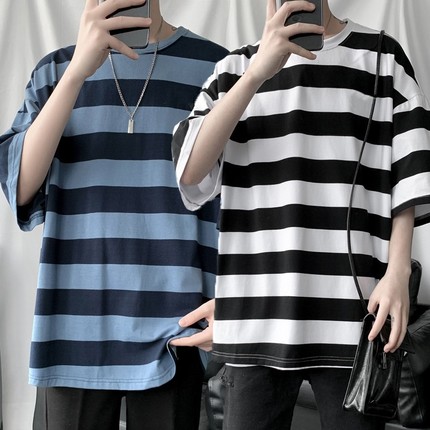 夏季男士五分袖条纹t恤潮流港风半袖衣服男韩版宽松短袖圆领上衣