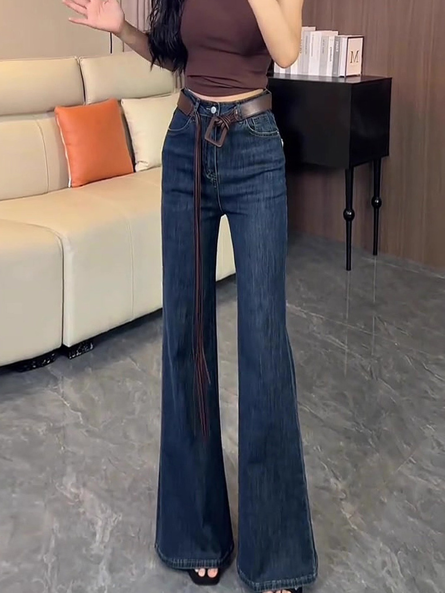 Retro elastic micro-Denim 2025 autumn New arrival women's Plus size Plus Size Ladies Slim Looking silm non-leg flared pants