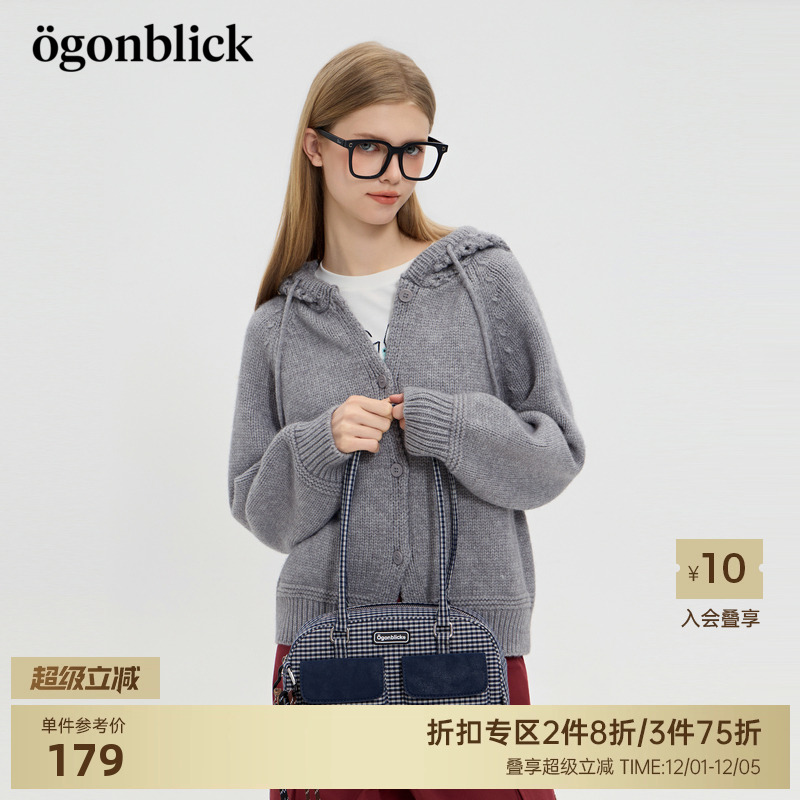 北欧时刻灰色镂空连帽针织开衫女25年秋新款百搭抽绳宽松毛衣外套