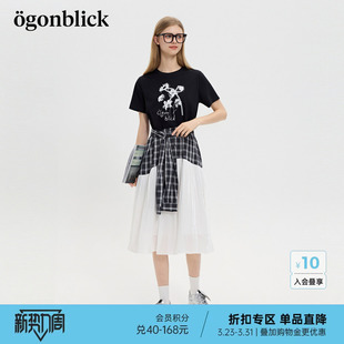 裙子女夏连衣裙 拼接款 商场同款 北欧时刻潮流花朵印花T恤格纹衬衫