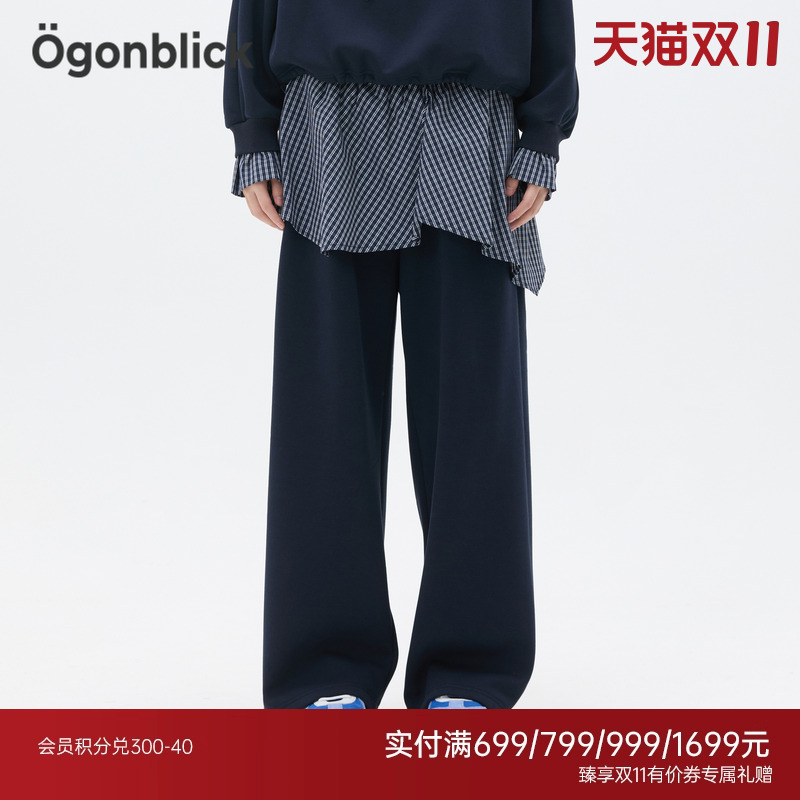 商场同款北欧时刻格子衬衫拼接假两件休闲卫裤女秋新款小个子裤子