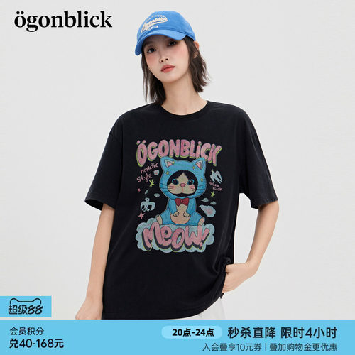 商场同款]北欧时刻逗鸭联名潮酷猫咪黑色T恤女26夏季新款萌趣上衣