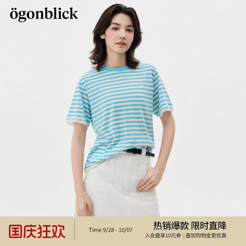 北欧时刻'蓝色条纹撞色拼接蕾丝边T恤女夏季新款宽松百搭直筒上衣
