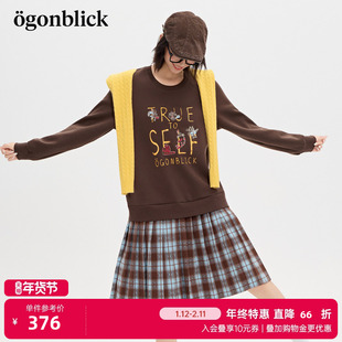 商场同款北欧时刻猫咪刺绣卫衣拼接百褶格纹连衣裙女春季新款裙子