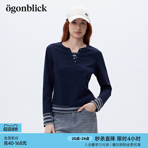 商场同款'北欧时刻条纹拼接撞色T恤女26年春季新款假两件修身上衣