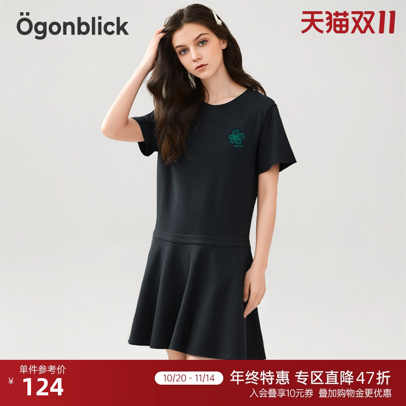 [商场同款]北欧时刻黑色短袖t恤连衣裙女夏季设计感绣花荷叶裙子