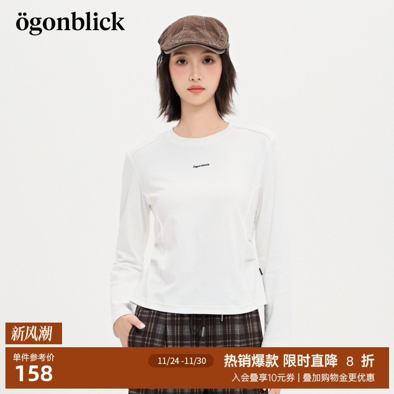 商场同款]北欧时刻字母刺绣分割设计感T恤女25秋季新款打底衫上衣