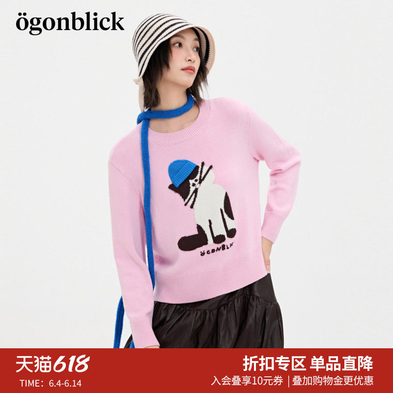 商场同款北欧时刻萌趣猫咪针织衫女25年秋冬新款元气百搭圆领毛衣