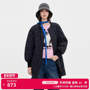 商场同款北欧时刻黑色菱格羽绒服女25年冬季新款百搭圆领长款外套