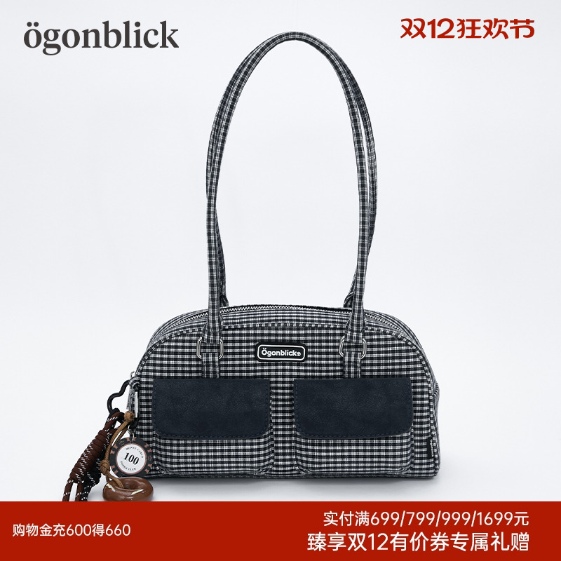 北欧时刻格纹保龄球单肩包女小众设计感大容量学院风便携手提包包