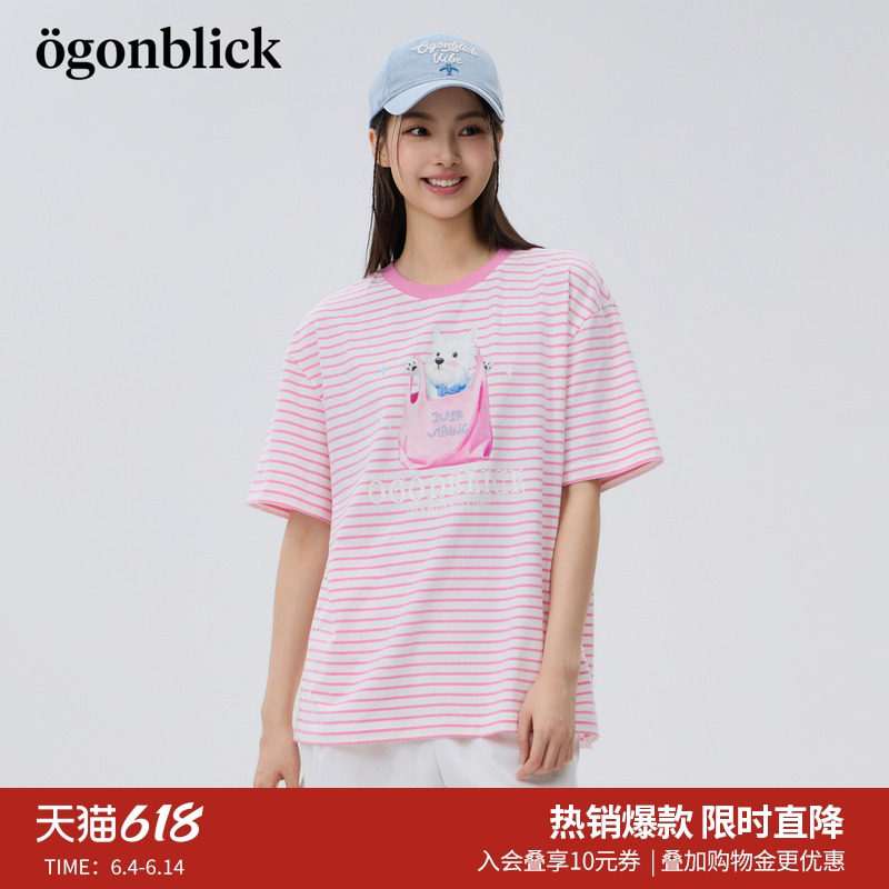 北欧时刻商场同款条纹卡通印花短袖T恤女26夏季新款宽松圆领上衣