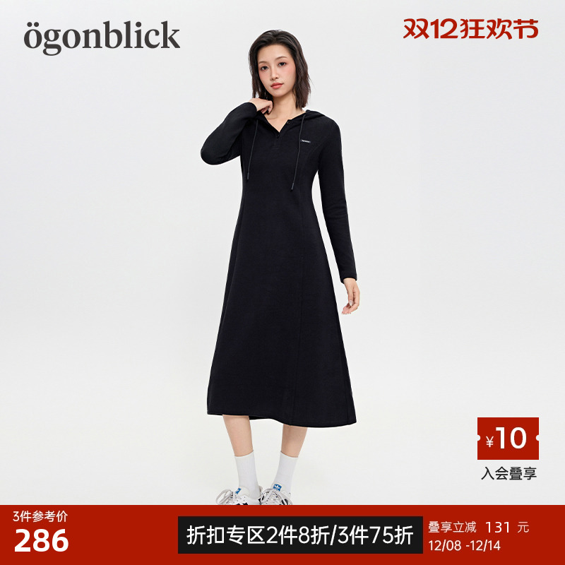 商场同款]北欧时刻黑色连帽卫衣连衣裙女2025年秋冬新款A字长裙子