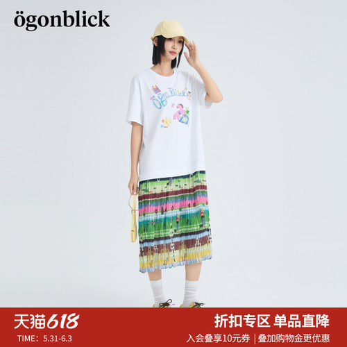 商场同款北欧时刻'T恤拼短袖接连衣裙夏季多巴胺印花中长款百褶裙