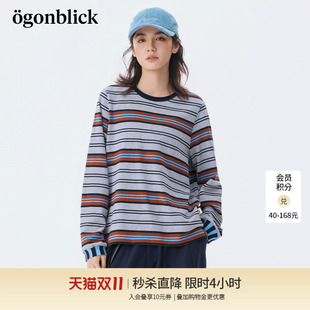 北欧时刻胶囊系列 时尚撞色粗条纹T恤女26年秋季新款宽松百搭上衣