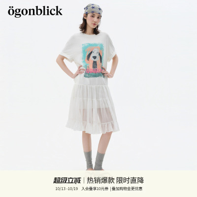 北欧时刻白色中长款T恤拼接连衣裙女2026年夏季新款卡通印花裙子