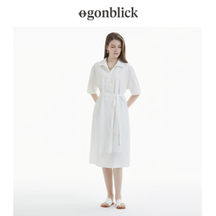 [商场同款]北欧时刻气质白色短袖连衣裙女夏季中长款收腰衬衫裙子