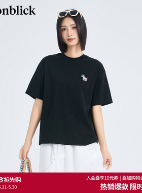 北欧时刻 小马刺绣黑色T恤女2026年夏季新款正肩宽松圆领百搭上衣