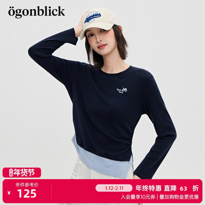 商场同款]北欧时刻燕子刺绣假两件撞色T恤女26春季新款打底衫上衣