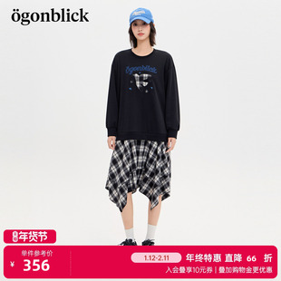 商场同款北欧时刻燕子印花卫衣拼接不规则格子连衣裙女春季新裙子