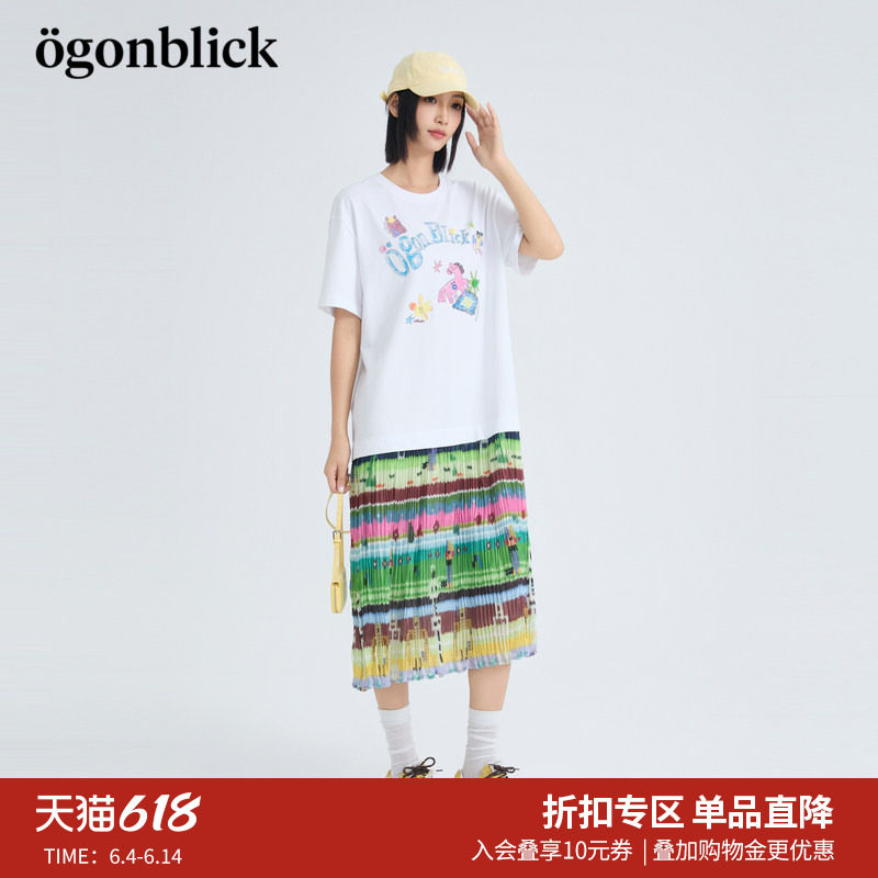 商场同款北欧时刻'T恤拼短袖接连衣裙夏季多巴胺印花中长款百褶裙