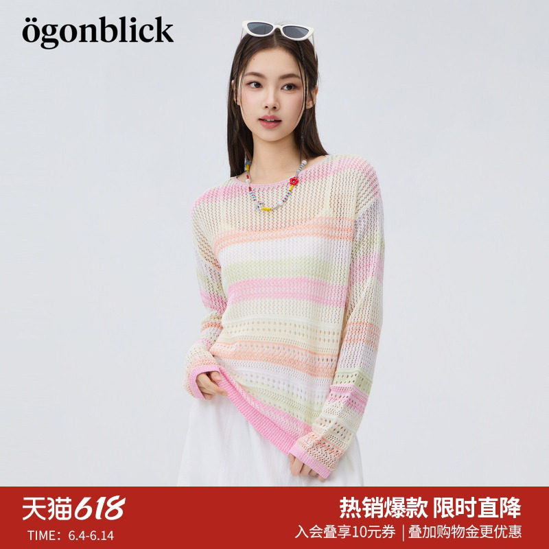 北欧时刻商场同款彩色条纹镂空针织衫女26春夏季长袖罩衫休闲上衣