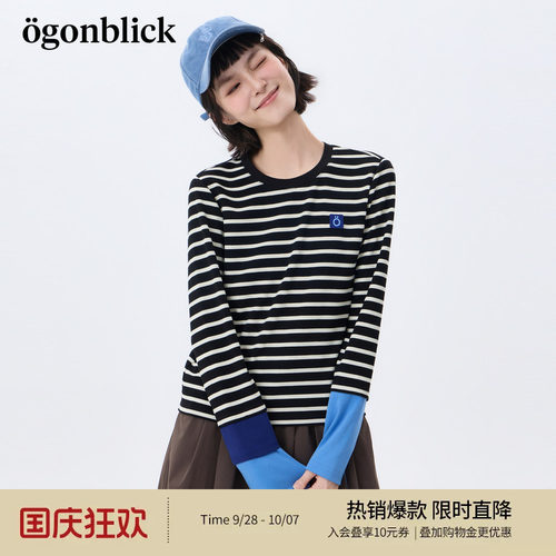 北欧时刻'黑白条纹撞色拼接T恤女26年秋季新款圆领宽松打底衫上衣
