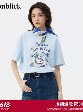 北欧时刻'萌趣字母兔子印花蓝色T恤女夏季新款百搭宽松设计感上衣