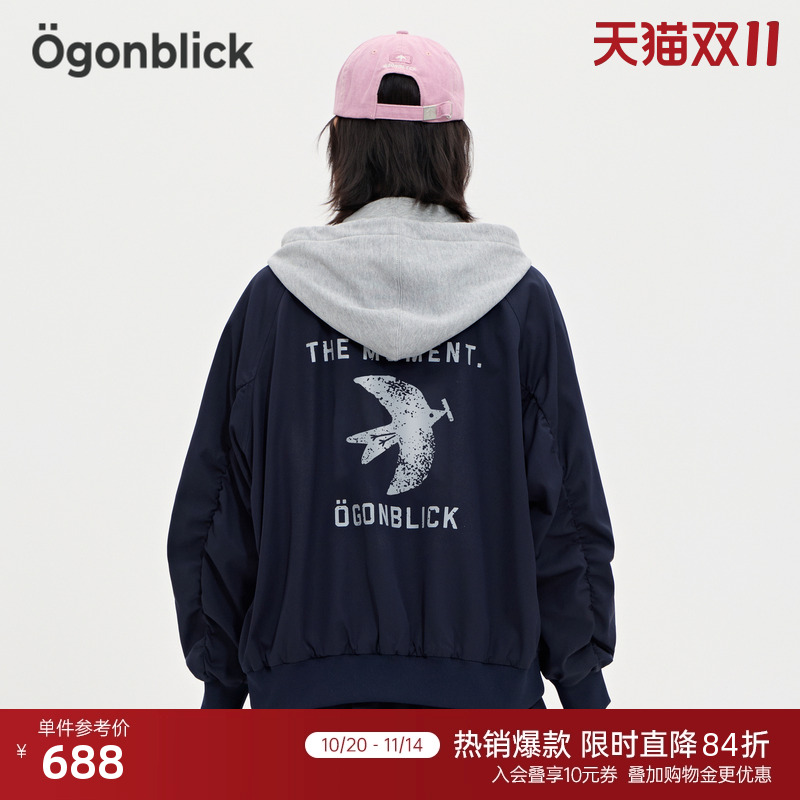 商场同款北欧时刻撞色拼接连帽卫衣外套女冬新款假两件小个子夹克