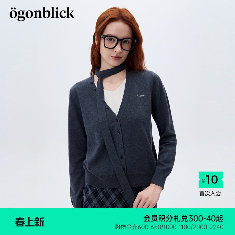 商场同款北欧时刻拼接假两件绑带设计针织衫女春季新款小个子毛衣