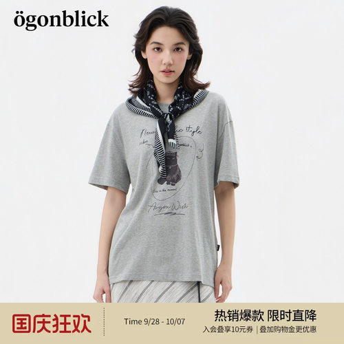 北欧时刻'艺术丝巾字母猫咪印花T恤女26夏季新款宽松百搭上衣