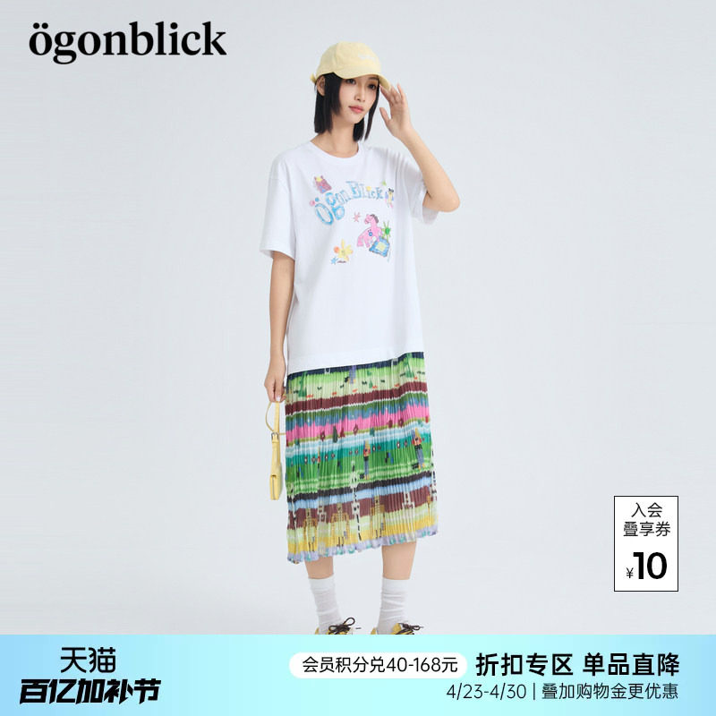 商场同款北欧时刻'T恤拼短袖接连衣裙夏季多巴胺印花中长款百褶裙