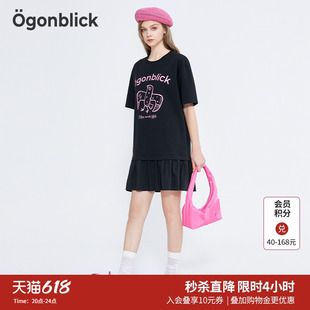 北欧时刻2026年夏季新款女趣味印花拼接假两件短袖黑色连衣裙短裙