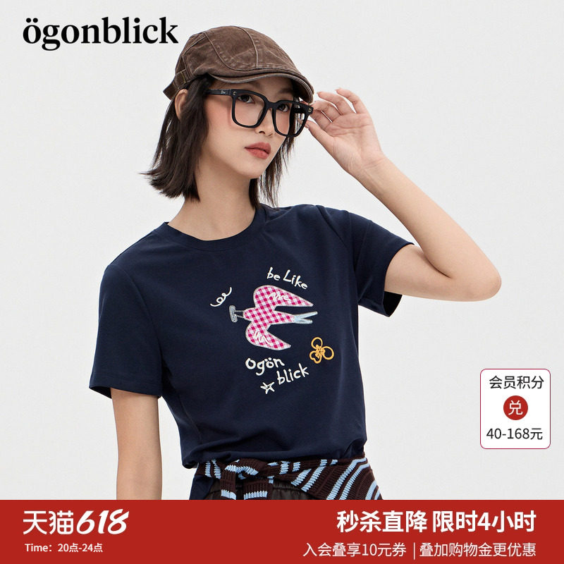 商场同款]北欧时刻逗鸭联名刺绣印花T恤女26夏季新款潮流百搭上衣