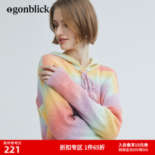 羊毛短款 女春季 商场同款 毛衣 北欧时刻多巴胺彩虹条纹连帽针织衫