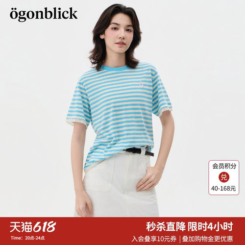 北欧时刻'蓝色条纹撞色拼接蕾丝边T恤女夏季新款宽松百搭直筒上衣