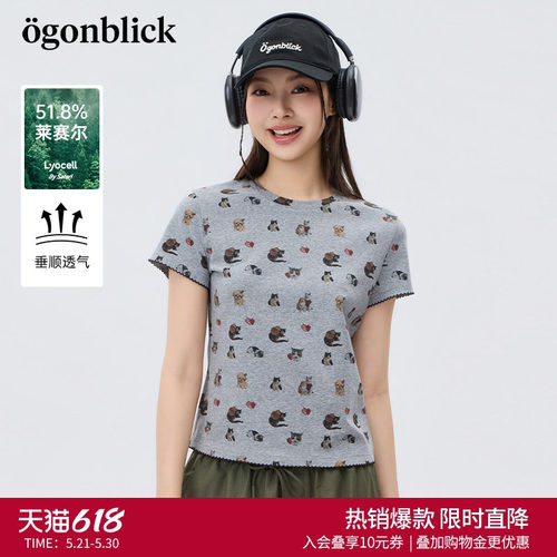 商场同款'北欧时刻萌宠印花T恤女26年夏季新款莱赛尔花边短袖上衣