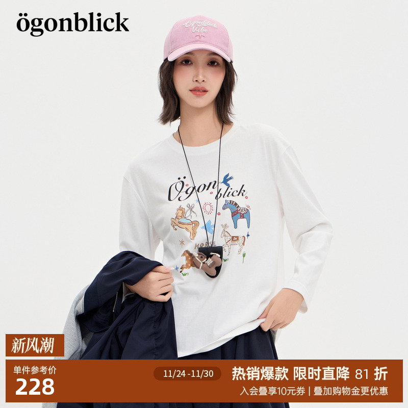 商场同款北欧时刻木马印花T恤女25年秋季新款ins多巴胺百搭打底衫