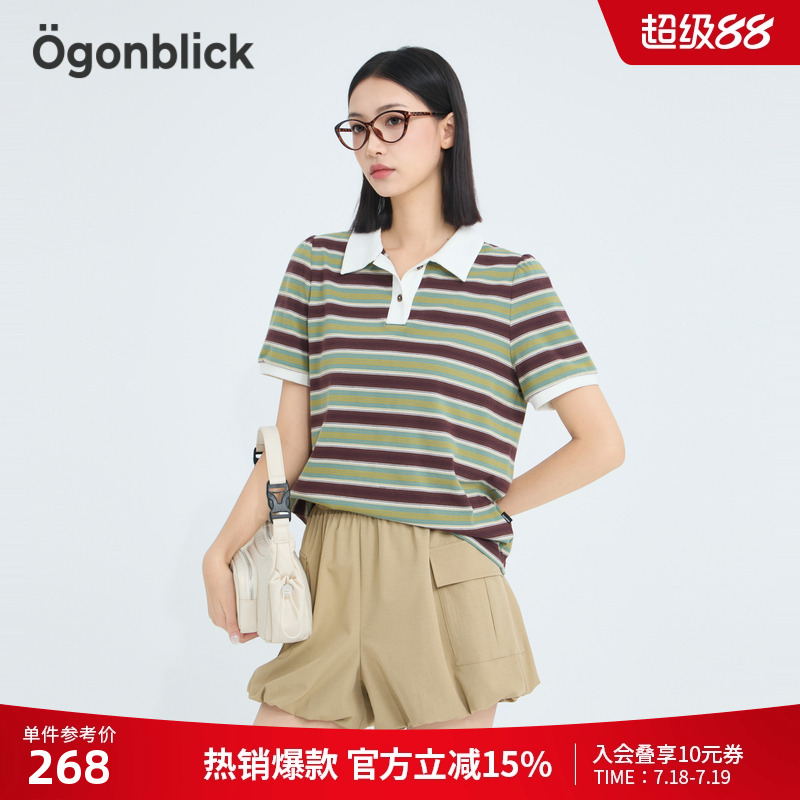 商场同款北欧时刻 撞色条纹T恤女25年夏季新款Polo领百搭时髦上衣