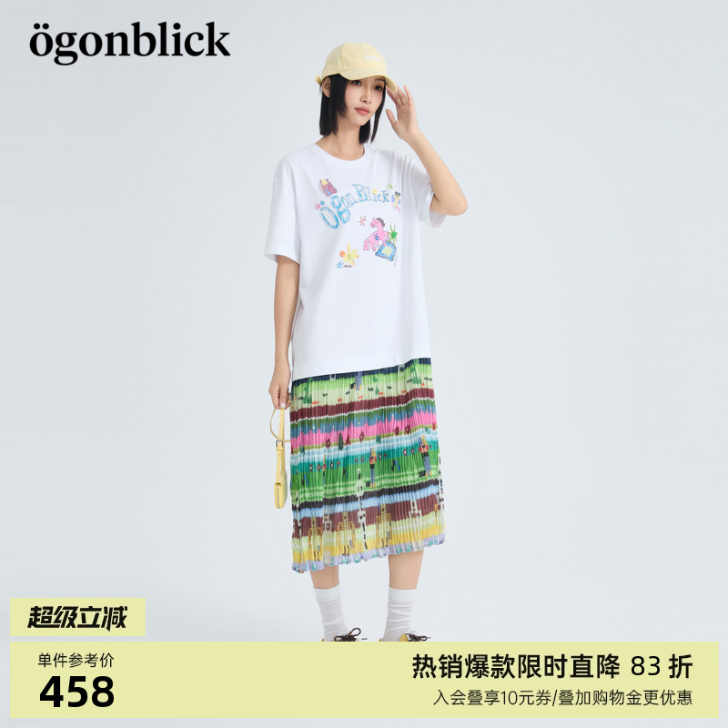 北欧时刻商场同款T恤拼短袖接连衣裙夏季多巴胺印花中长款百褶裙