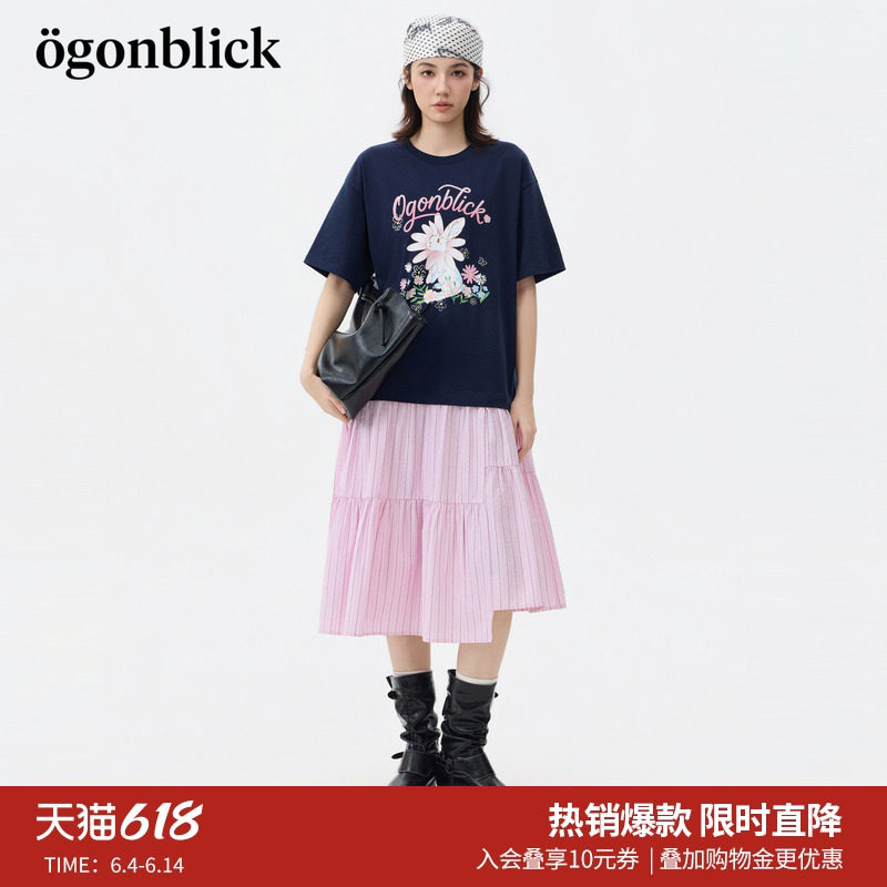 北欧时刻'花卉兔子印花T恤拼接条纹连衣裙女夏季新款宽松设计长裙