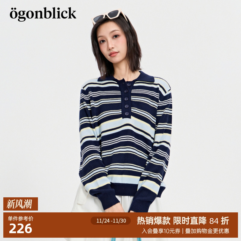 北欧时刻复古条纹撞色毛衣女2025年秋季新款Polo领宽松针织衫上衣