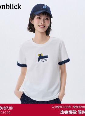 北欧时刻'小狗波点撞色白色T恤女26年夏季新款宽松百搭小个子上衣