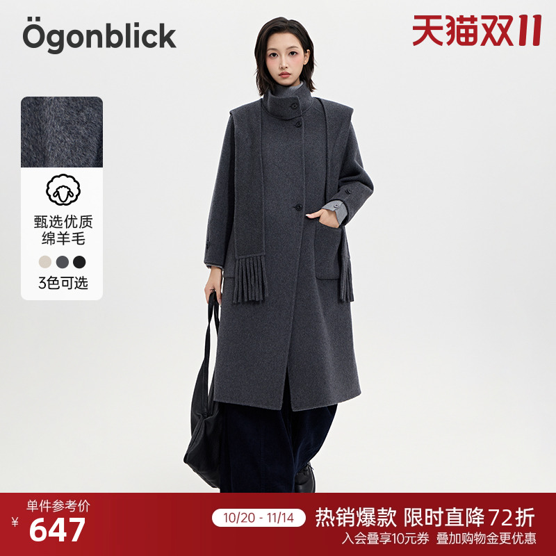 北欧时刻英伦风围巾双面呢外套女25年冬季新款百搭中长款羊毛大衣