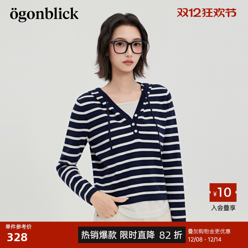 商场同款北欧时刻条纹撞色连帽毛衣女25年秋冬新款假两件针织上衣
