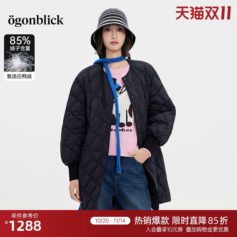 商场同款北欧时刻黑色菱格羽绒服女25年冬季新款百搭圆领长款外套