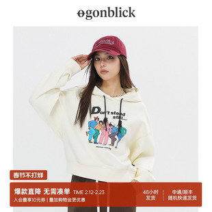 北欧时刻时尚趣味印花连帽复古米白卫衣女款2025新款长袖春季上衣